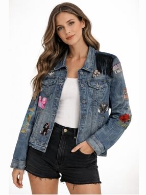 Y2K Polo Jeans Denim Upcycled Denim Jacket with Patches And Fringe Size XL